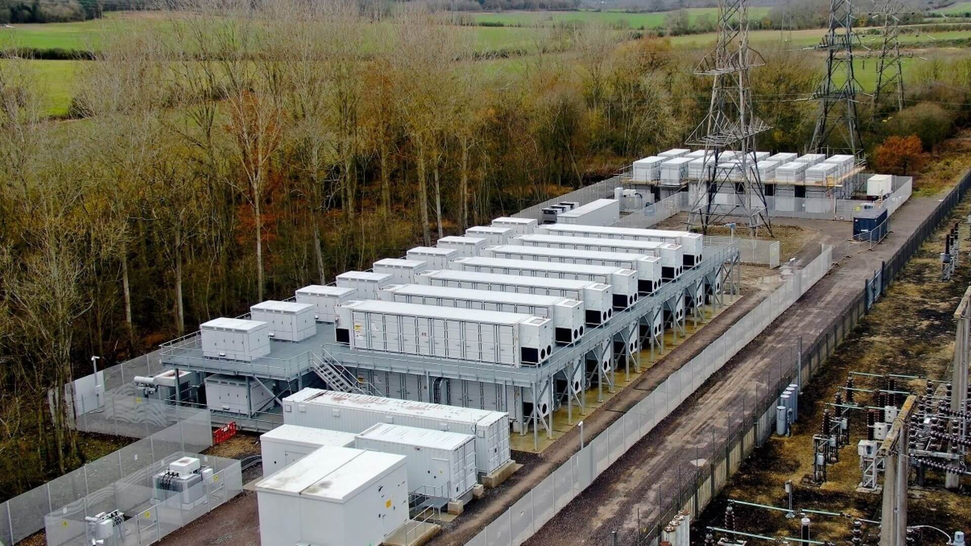 Aerial view over National Grid’s Cowley substation batteries
